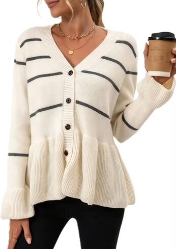 Women's Striped Sweater Cardigan Flared Hem Button Down Knit Sweaters Long Sleeve V Neck Outerwear in Kuwait