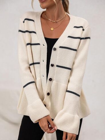 Women's Striped Sweater Cardigan Flared Hem Button Down Knit Sweaters Long Sleeve V Neck Outerwear in Kuwait