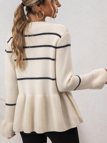 Women's Striped Sweater Cardigan Flared Hem Button Down Knit Sweaters Long Sleeve V Neck Outerwear in Kuwait