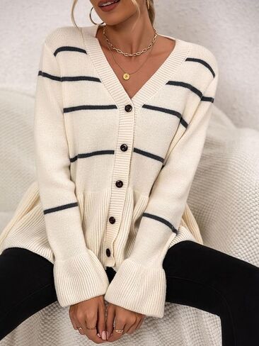 Women's Striped Sweater Cardigan Flared Hem Button Down Knit Sweaters Long Sleeve V Neck Outerwear in Kuwait