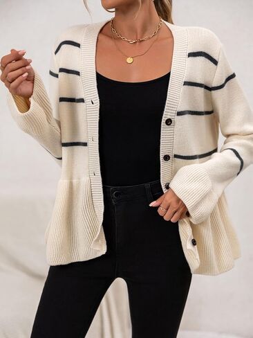 Women's Striped Sweater Cardigan Flared Hem Button Down Knit Sweaters Long Sleeve V Neck Outerwear in Kuwait