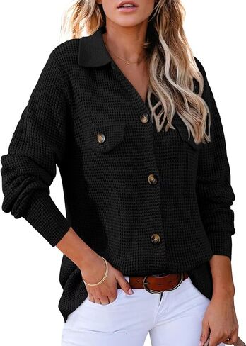 Astylish المرأة الهراء متماسكة شاكيت سترة عادية كم طويل سترة زر أسفل القمصان متأنق بلوزة بلايز in Saudi Arabia