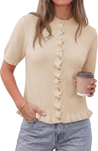 Saodimallsu Womens Ruffle Cardigan Puff Short Sleeve Cute Summer Button Down Lightweight Soft Knit Crewneck Sweater Tops in Saudi Arabia