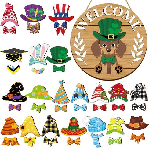 Juexica 41 Pcs Interchangeable Dog Welcome Door Sign Dachshund Decor Wooden Dachshund Door Hanger Seasonal Decor with 20 Magnet Hats and 20 Detachable Accessories for Holiday Front Door in Saudi Arabia