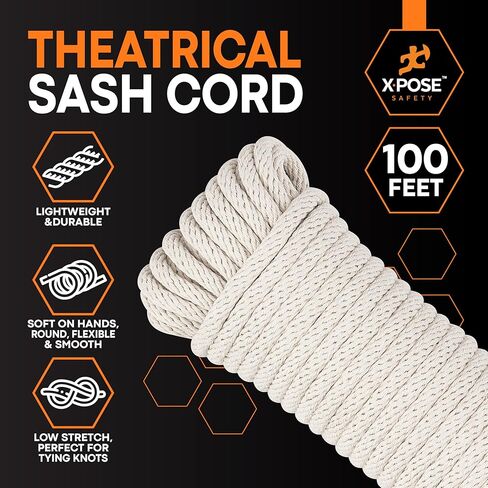 سلك وشاح Xpose Safety #10 - 5/16 بوصة × 100 قدم - حبل قطني أبيض مع قلب من النايلون - سلك منخفض التمدد لوشاح النافذة، ربط للأسفل، حبل الغسيل، التخييم، التزوير، الأعمال اليدوية، تحسين المنزل in Kuwait