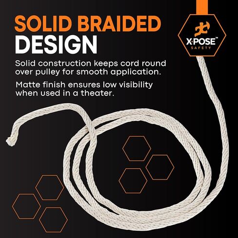 سلك وشاح Xpose Safety #10 - 5/16 بوصة × 100 قدم - حبل قطني أبيض مع قلب من النايلون - سلك منخفض التمدد لوشاح النافذة، ربط للأسفل، حبل الغسيل، التخييم، التزوير، الأعمال اليدوية، تحسين المنزل in Kuwait