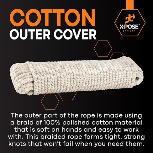 سلك وشاح Xpose Safety #10 - 5/16 بوصة × 100 قدم - حبل قطني أبيض مع قلب من النايلون - سلك منخفض التمدد لوشاح النافذة، ربط للأسفل، حبل الغسيل، التخييم، التزوير، الأعمال اليدوية، تحسين المنزل in Kuwait