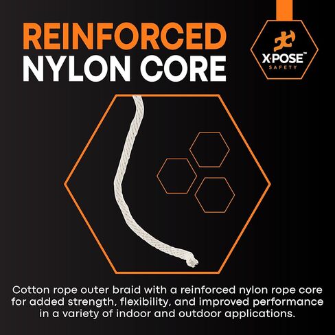 سلك وشاح Xpose Safety #10 - 5/16 بوصة × 100 قدم - حبل قطني أبيض مع قلب من النايلون - سلك منخفض التمدد لوشاح النافذة، ربط للأسفل، حبل الغسيل، التخييم، التزوير، الأعمال اليدوية، تحسين المنزل in Kuwait