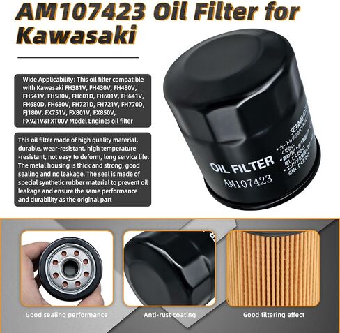 فلتر زيت AM107423 لمحركات Kawasaki FX850V FX801V FJ180V FH381-721V FH601-770D FX751-FX1000V ومحركات Club Car 1016467-يستبدل 49065-0724، 49065-7010، AM107423 - حزمة من 2 in Kuwait