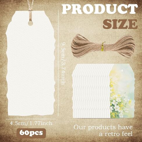60Pcs Blank Irregular Torn Edge Effect Hang Tag, Vintage Gift Tags with String, Craft Paper Watercolor Gift Tags Decor for DIY Birthday Wedding Decoration Gift Arts & Craft in Saudi Arabia