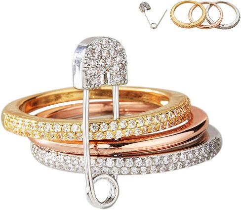 دبوس الأمان خواتم فضية وذهبية قابلة للتكديس للنساء غير مشوهة مطلية بالذهب عيار 14 قيراط مجموعة خواتم زفاف زركونيا مكعبة خواتم زفاف حلقة الإبهام حزمة مكدسة مجوهرات فريدة هدية للنساء GS مقاس 10 in Kuwait