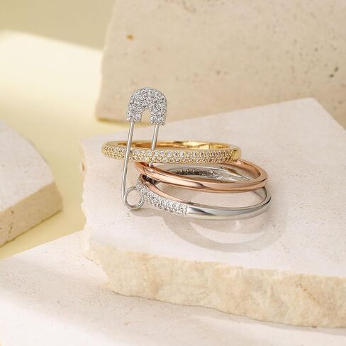 دبوس الأمان خواتم فضية وذهبية قابلة للتكديس للنساء غير مشوهة مطلية بالذهب عيار 14 قيراط مجموعة خواتم زفاف زركونيا مكعبة خواتم زفاف حلقة الإبهام حزمة مكدسة مجوهرات فريدة هدية للنساء GS مقاس 10 in Kuwait