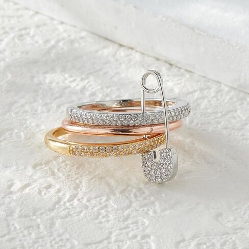 دبوس الأمان خواتم فضية وذهبية قابلة للتكديس للنساء غير مشوهة مطلية بالذهب عيار 14 قيراط مجموعة خواتم زفاف زركونيا مكعبة خواتم زفاف حلقة الإبهام حزمة مكدسة مجوهرات فريدة هدية للنساء GS مقاس 10 in Kuwait