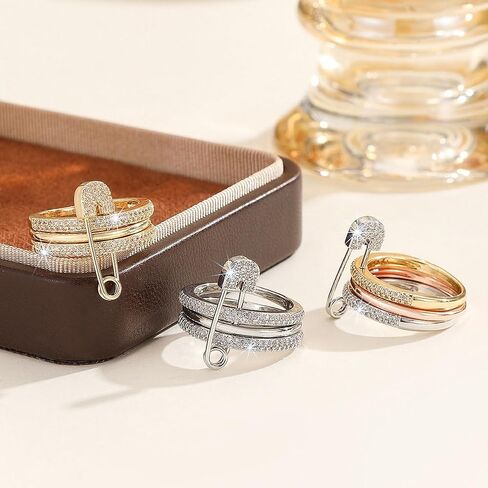 دبوس الأمان خواتم فضية وذهبية قابلة للتكديس للنساء غير مشوهة مطلية بالذهب عيار 14 قيراط مجموعة خواتم زفاف زركونيا مكعبة خواتم زفاف حلقة الإبهام حزمة مكدسة مجوهرات فريدة هدية للنساء GS مقاس 10 in Kuwait