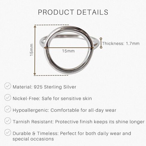 خاتم SOVATS من الفضة الإسترليني عيار 925 بدائرة مفتوحة للنساء - مطلي بالروديوم، تصميم بسيط قابل للتكديس، مجوهرات خالية من النيكل in Kuwait