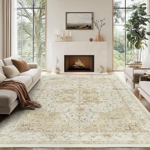 سجادة منطقة قابلة للغسل مقاس 8 × 10، سجاد كبير قابل للطي وغير قابل للانزلاق، سجادة مطبوعة بنمط ميدالية تقليدية باللون البيج لغرفة المعيشة وغرفة النوم والمطبخ والمكتب المنزلي in Kuwait