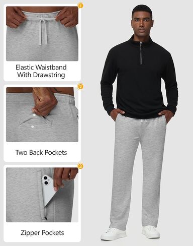 JWM Men's Fleece Open Bottom Sweatpants Straight Leg Uncuffed Cotton Athletic Running Lounge Pants with Zipper Pockets in Kuwait