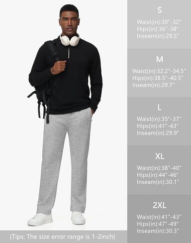 JWM Men's Fleece Open Bottom Sweatpants Straight Leg Uncuffed Cotton Athletic Running Lounge Pants with Zipper Pockets in Kuwait