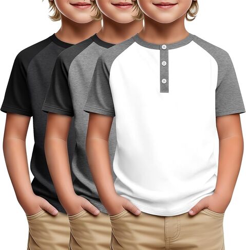 3 Pack Boys Short Sleeve Raglan T Shirts Kids Henley Shirt Basic Baseball Tops 5-14 Years in Saudi Arabia