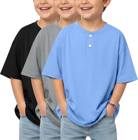 3 قطع من تي شيرتات هينلي للأولاد بأكمام قصيرة، قطع علوية أساسية غير رسمية كبيرة الحجم للأطفال من عمر 5 إلى 14 عامًا، تي شيرت صيفي خفيف الوزن للأطفال in Kuwait