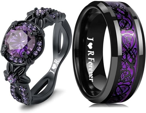 Personalized Custom Engraved Names Couple Celtic Knot Dragon Inlay Purple Promise Rings for Couples Set Engagement Bands Him and Her Matching for Wedding Rings Set for Purple Heart Ring Gift in Saudi Arabia