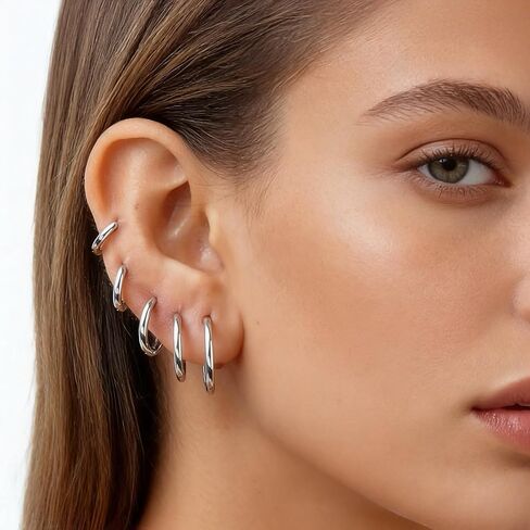 Stainless Steel 12 Pairs 14K Gold and Silver Plated Huggie Hoop Earrings for Women Lightweight Minimalist Small Hoops Hypoallergenic Nickel-free Lead-free Everyday Jewelry for Sensitive Ears Multiple Piercing Stack Set in Saudi Arabia
