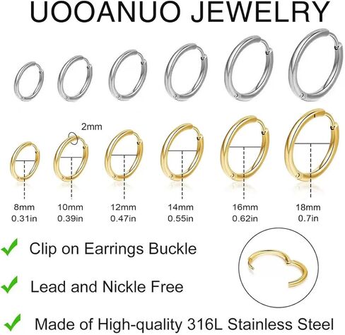 Stainless Steel 12 Pairs 14K Gold and Silver Plated Huggie Hoop Earrings for Women Lightweight Minimalist Small Hoops Hypoallergenic Nickel-free Lead-free Everyday Jewelry for Sensitive Ears Multiple Piercing Stack Set in Saudi Arabia