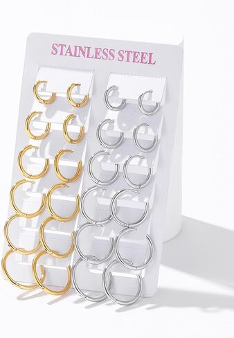 Stainless Steel 12 Pairs 14K Gold and Silver Plated Huggie Hoop Earrings for Women Lightweight Minimalist Small Hoops Hypoallergenic Nickel-free Lead-free Everyday Jewelry for Sensitive Ears Multiple Piercing Stack Set in Saudi Arabia