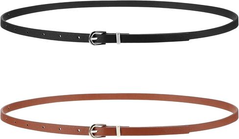 Xindojuz 2 Pack Skinny Belt Women, Thin Brown Leather Belts for Women Jeans Dress Pants Fashion Thin Faux Leather Waist Belt with Gold Buckle, 41.34"/105 cm (Brown & Black) in Saudi Arabia