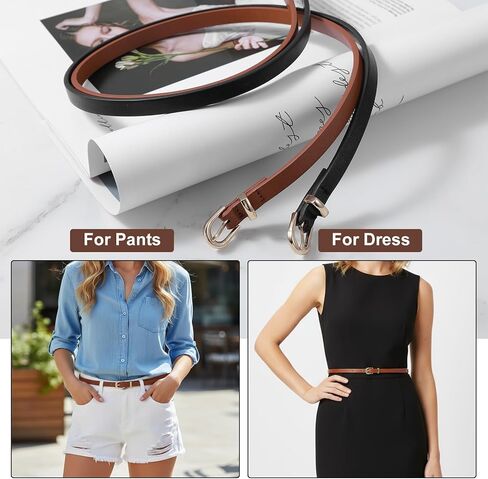 Xindojuz 2 Pack Skinny Belt Women, Thin Brown Leather Belts for Women Jeans Dress Pants Fashion Thin Faux Leather Waist Belt with Gold Buckle, 41.34"/105 cm (Brown & Black) in Saudi Arabia