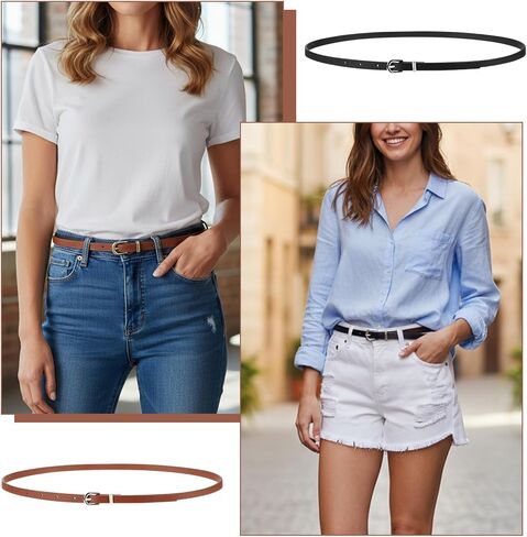 Xindojuz 2 Pack Skinny Belt Women, Thin Brown Leather Belts for Women Jeans Dress Pants Fashion Thin Faux Leather Waist Belt with Gold Buckle, 41.34"/105 cm (Brown & Black) in Saudi Arabia