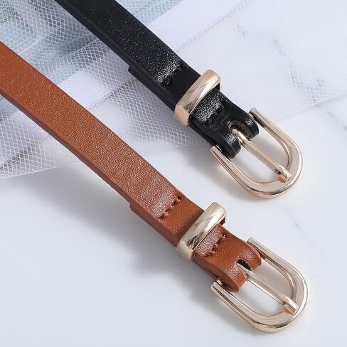 Xindojuz 2 Pack Skinny Belt Women, Thin Brown Leather Belts for Women Jeans Dress Pants Fashion Thin Faux Leather Waist Belt with Gold Buckle, 41.34"/105 cm (Brown & Black) in Saudi Arabia