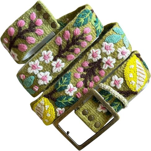 Peruvian Embroidered Flower Wool Belt, Hand Embroidered, Fair Trade - "Lemons and Leaves Belt" in Saudi Arabia
