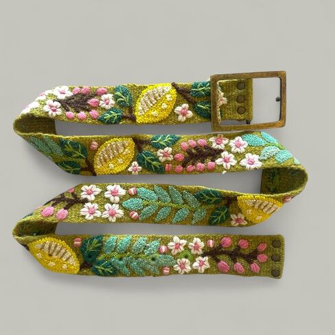 Peruvian Embroidered Flower Wool Belt, Hand Embroidered, Fair Trade - "Lemons and Leaves Belt" in Saudi Arabia
