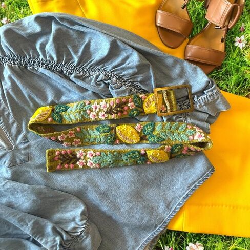 Peruvian Embroidered Flower Wool Belt, Hand Embroidered, Fair Trade - "Lemons and Leaves Belt" in Saudi Arabia
