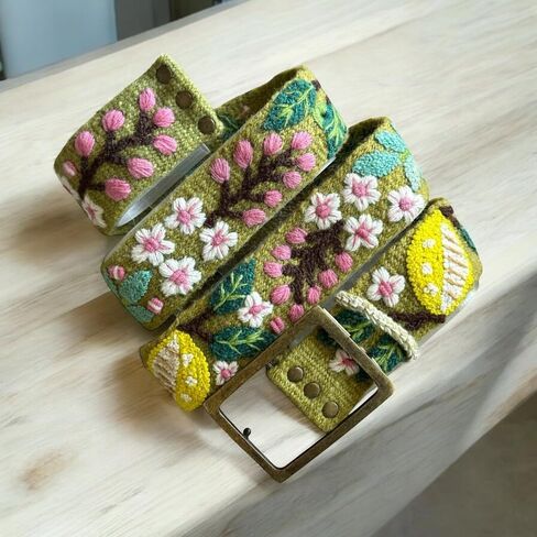 Peruvian Embroidered Flower Wool Belt, Hand Embroidered, Fair Trade - "Lemons and Leaves Belt" in Saudi Arabia