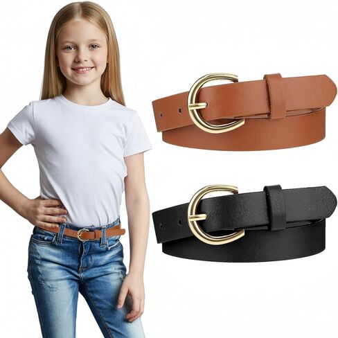 2 Pcs Girls Belts Toddler Leather Waist Belt for Kids Elastic Exquisite Comfortable Skinny Strappy Waist Belts Adjustable Girls Dress Belt With Double O Ring Buckle (32.3" Black Brown) in Saudi Arabia