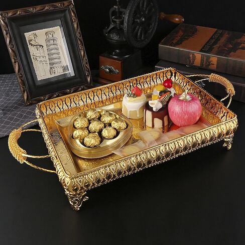 Decorative Serving Tray, Gold European Style Metal Serving Tray with Handles, Coffee Tea Beverage Serving Rectangle Tray, Cake Platter Serving Trays Food Platter Jewelry Tray in Saudi Arabia