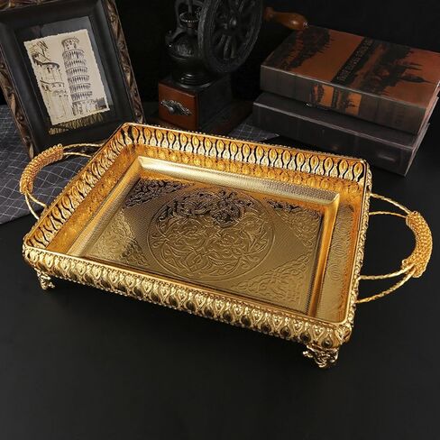 Decorative Serving Tray, Gold European Style Metal Serving Tray with Handles, Coffee Tea Beverage Serving Rectangle Tray, Cake Platter Serving Trays Food Platter Jewelry Tray in Saudi Arabia