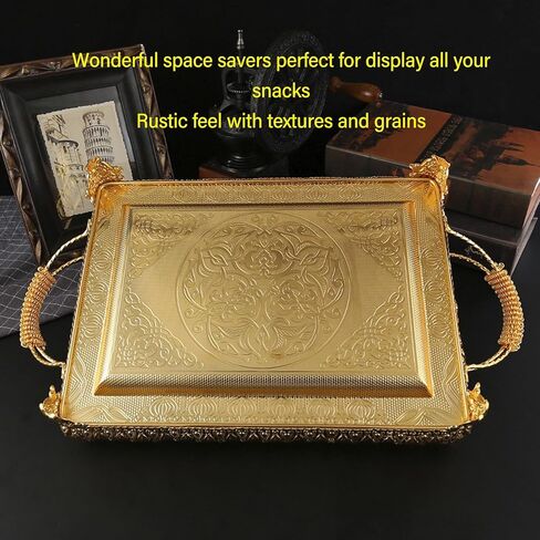 Decorative Serving Tray, Gold European Style Metal Serving Tray with Handles, Coffee Tea Beverage Serving Rectangle Tray, Cake Platter Serving Trays Food Platter Jewelry Tray in Saudi Arabia