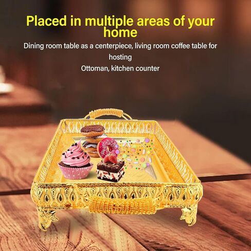 Decorative Serving Tray, Gold European Style Metal Serving Tray with Handles, Coffee Tea Beverage Serving Rectangle Tray, Cake Platter Serving Trays Food Platter Jewelry Tray in Saudi Arabia