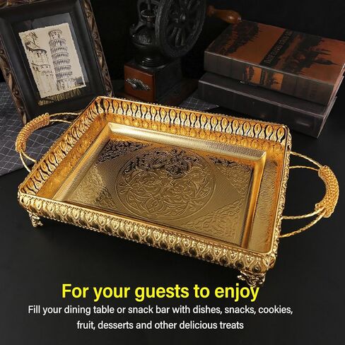 Decorative Serving Tray, Gold European Style Metal Serving Tray with Handles, Coffee Tea Beverage Serving Rectangle Tray, Cake Platter Serving Trays Food Platter Jewelry Tray in Saudi Arabia