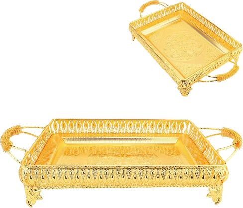 Decorative Serving Tray, Gold European Style Metal Serving Tray with Handles, Coffee Tea Beverage Serving Rectangle Tray, Cake Platter Serving Trays Food Platter Jewelry Tray in Saudi Arabia