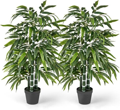 Goplus Artificial Bamboo Tree, 50" Tall Set of 2 Fake Plant with 3 PE Bamboo Trunk & Flush Leaves, Potted Faux Greenery Floor Plants for Home Office Living Room Indoor Outdoor Decor in Saudi Arabia