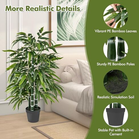 Goplus Artificial Bamboo Tree, 50" Tall Set of 2 Fake Plant with 3 PE Bamboo Trunk & Flush Leaves, Potted Faux Greenery Floor Plants for Home Office Living Room Indoor Outdoor Decor in Saudi Arabia