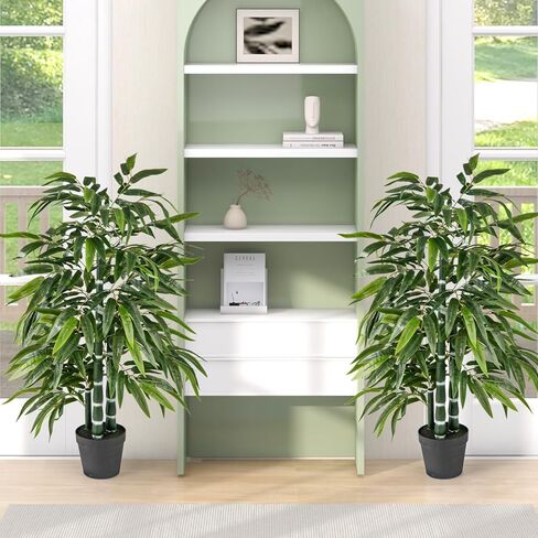 Goplus Artificial Bamboo Tree, 50" Tall Set of 2 Fake Plant with 3 PE Bamboo Trunk & Flush Leaves, Potted Faux Greenery Floor Plants for Home Office Living Room Indoor Outdoor Decor in Saudi Arabia