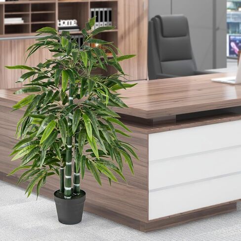 Goplus Artificial Bamboo Tree, 50" Tall Set of 2 Fake Plant with 3 PE Bamboo Trunk & Flush Leaves, Potted Faux Greenery Floor Plants for Home Office Living Room Indoor Outdoor Decor in Saudi Arabia