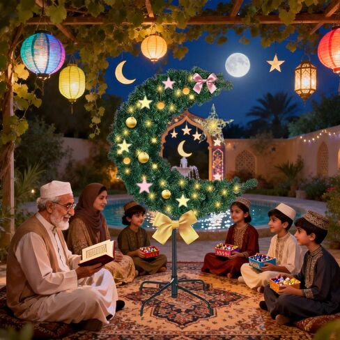 شجرة قمر رمضان المضيئة بطول 3 أقدام مع زخارف نجوم، ديكور صناعي على شكل هلال إسلامي للمنزل، شجرة العيد in Kuwait