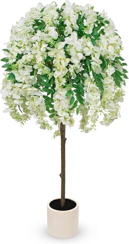 4FT Artificial Wisteria Tree in Pot, Faux Potted Floor Plant with Cascading Flowers, Realistic Fake Tree in Cream White Planter for Home Indoor Living Room Corner, Bedroom & Wedding Decor, Purple in Saudi Arabia