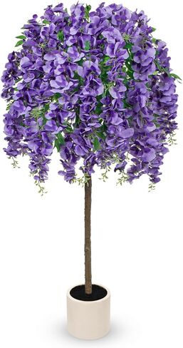 4FT Artificial Wisteria Tree in Pot, Faux Potted Floor Plant with Cascading Flowers, Realistic Fake Tree in Cream White Planter for Home Indoor Living Room Corner, Bedroom & Wedding Decor, Purple in Saudi Arabia